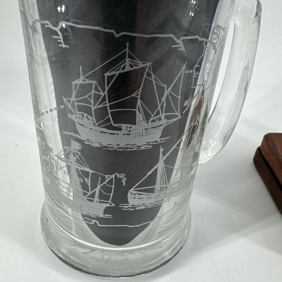 Beer Mugs 2 Nautical Etched Glass "The Nina" Columbus Voyage VTG 5.5” T Barware - Picture 4 of 12